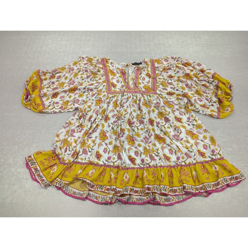 Rachel Zoe Floral Babydoll Blouse S Boho Yellow Ruffle Peasant Oversized Flowy